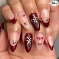 elora beauty 24 reusable artificial fake nail set |base maroon colour with silver bow design glossy nails | lightweight & long lasting| quick fix for festivals & special occasions