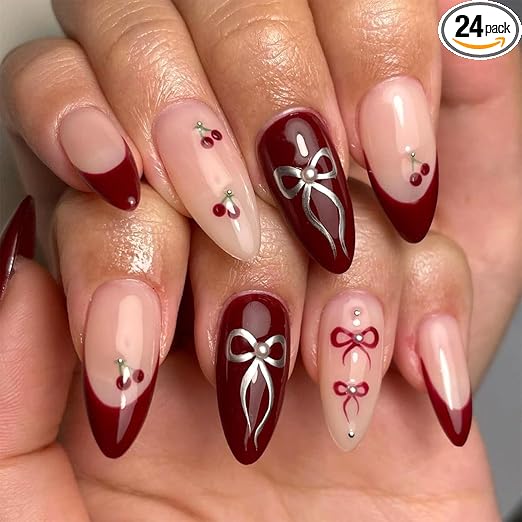 elora beauty 24 reusable artificial fake nail set |base maroon colour with silver bow design glossy nails | lightweight & long lasting| quick fix for festivals & special occasions